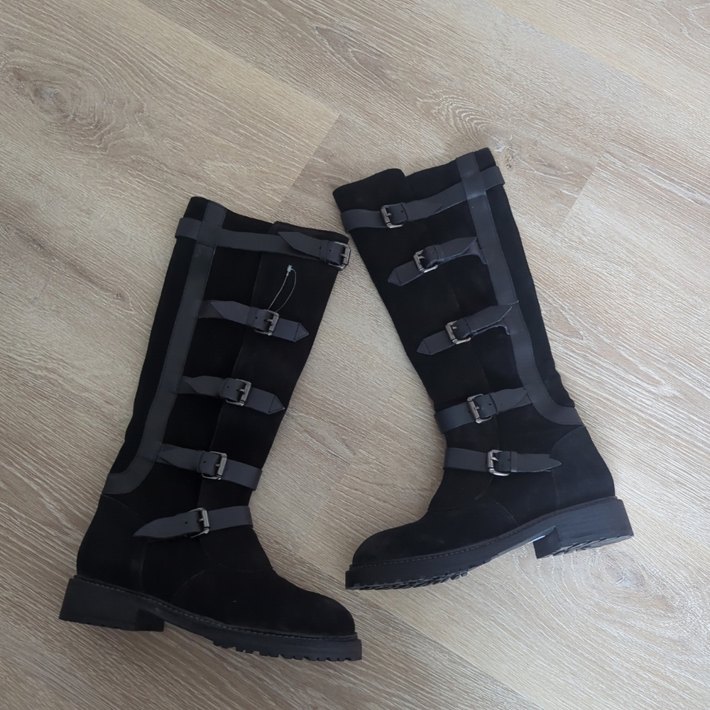 Free People Tristie Buckle Boot Tall Suede Leather Straps Lug Sole Black 6.5, 7 - Picture 2 of 11